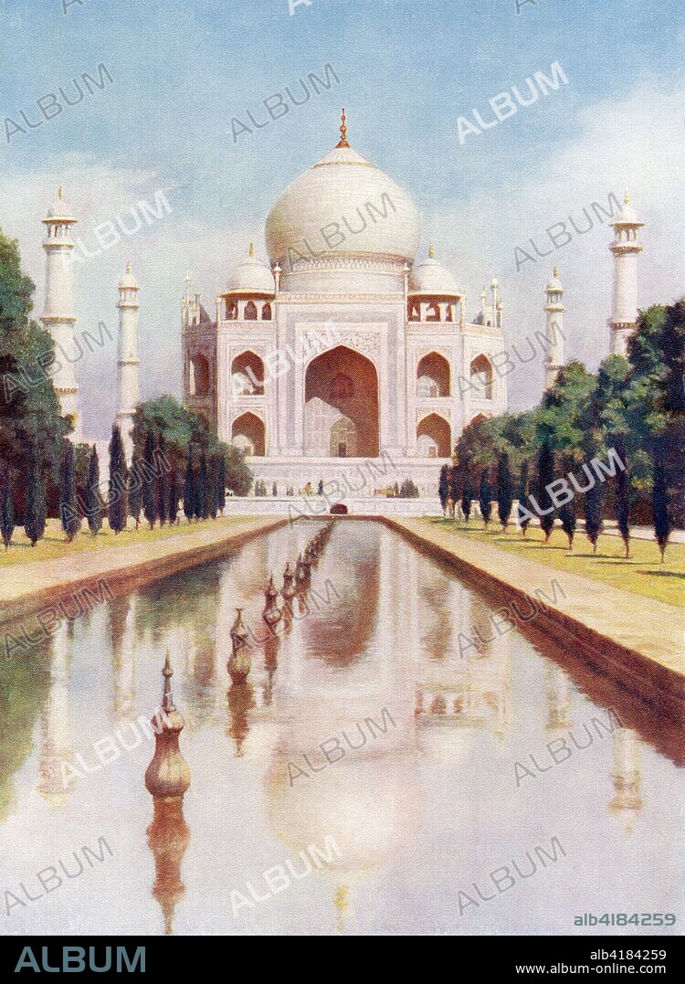 The Taj-Mahal, Agra, Uttar Pradesh, India.  It was commissioned in 1632 by the Mughal emperor, Shah Jahan to house the tomb of his favourite wife, Mumtaz Mahal. From The Wonders of the World, published c.1920.
