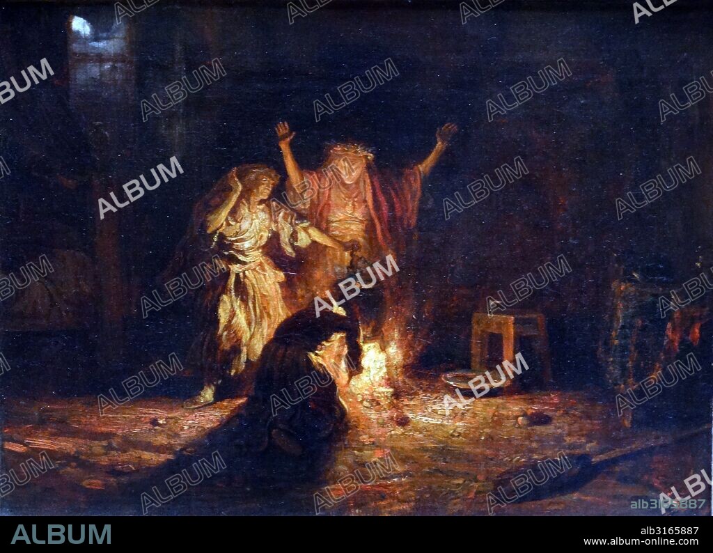 Painting titled 'The Witches in Macbeth' by Alexandre-Gabriel Decamps (1803-1860) French painter. Dated 19th Century.