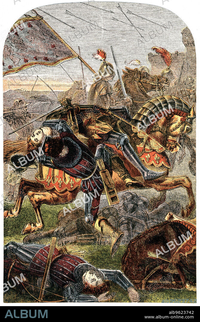 The capture of Joan of Arc, 1430. French patriot and martyr, captured while trying to relieve Compiegne, then under siege by the Burgundians, 1430. Colour-printed wood engraving c1860.
