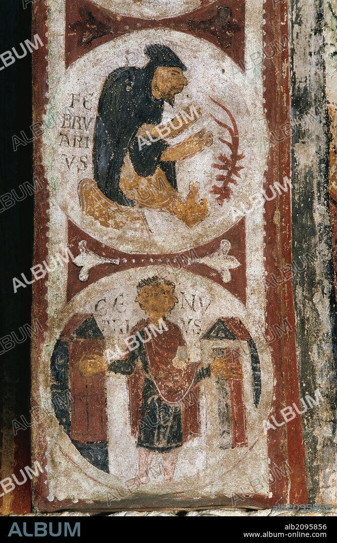 ARTE ROMANICO. ESPAÑA. BASILICA DE SAN ISIDORO. PINTURAS MURALES (siglo XII), que cubren uno de los arcos del DEL PANTEON DE LOS REYES, con la representación del CALENDARIO AGRICOLA. Se representa a los meses a traves de las diferentes tareas agrícolas propias de la época. Detalle de los meses de FEBRERO Y ENERO. León. Castilla-León.