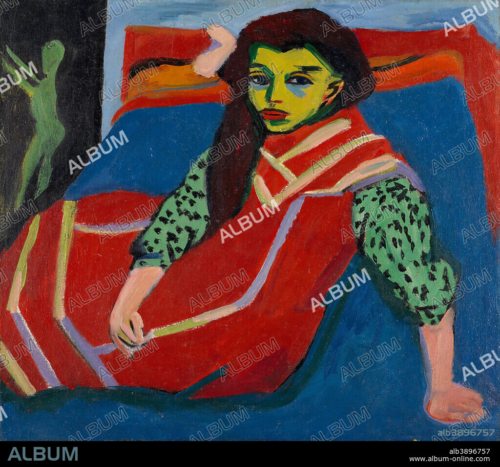 ERNST LUDWIG KIRCHNER. Seated Girl (Fränzi Fehrmann). Date/Period: 1910/1920. Painting. Oil on canvas. Width: 35.88 in. Height: 31.75 in (canvas).