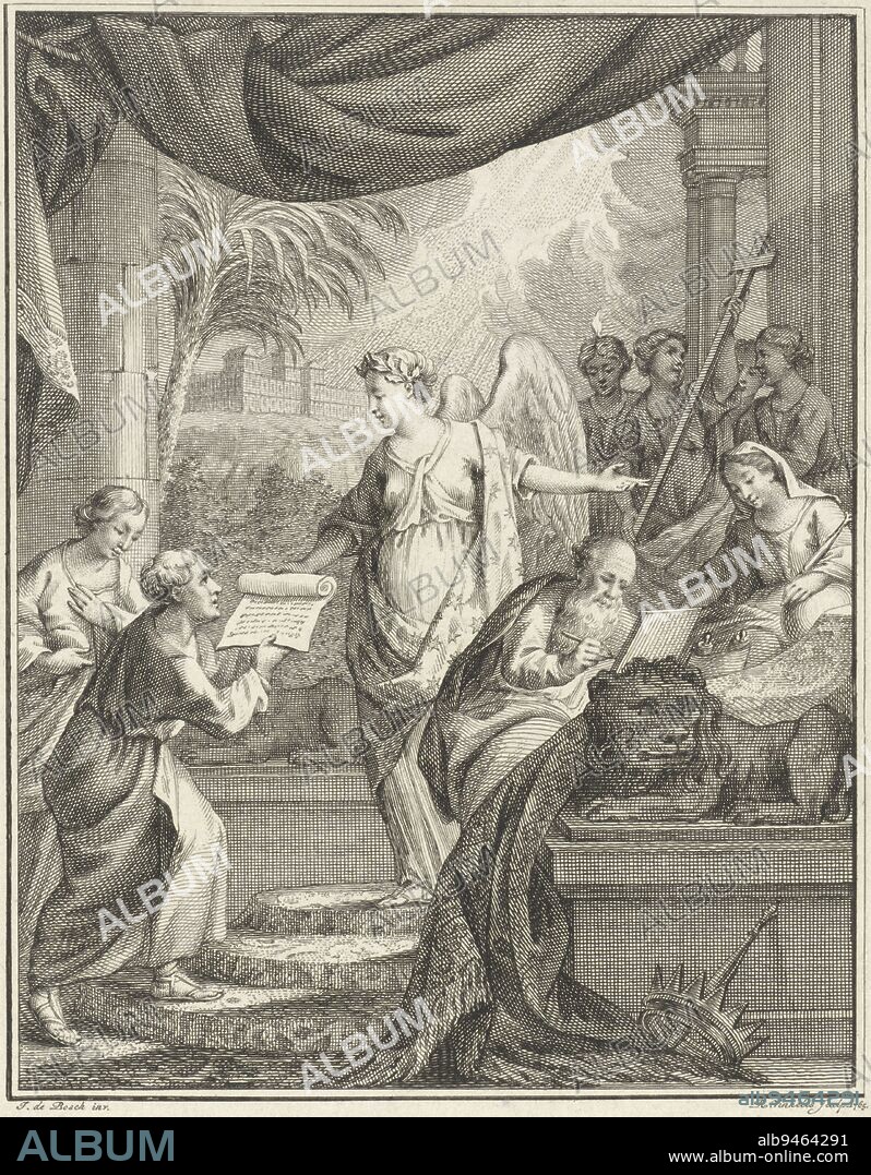 Allegorical representation with an angel, Reinier Vinkeles (I), after Johannes de Bosch, 1765, An angel hands a monk a roll of paper. In the foreground an old man with a beard is writing a book, next to him a woman. In the background the figures with symbols of the true faith., print maker: Reinier Vinkeles (I), (mentioned on object), Johannes de Bosch, (mentioned on object), Amsterdam, 1765, paper, etching, engraving, h 191 mm × w 145 mm.