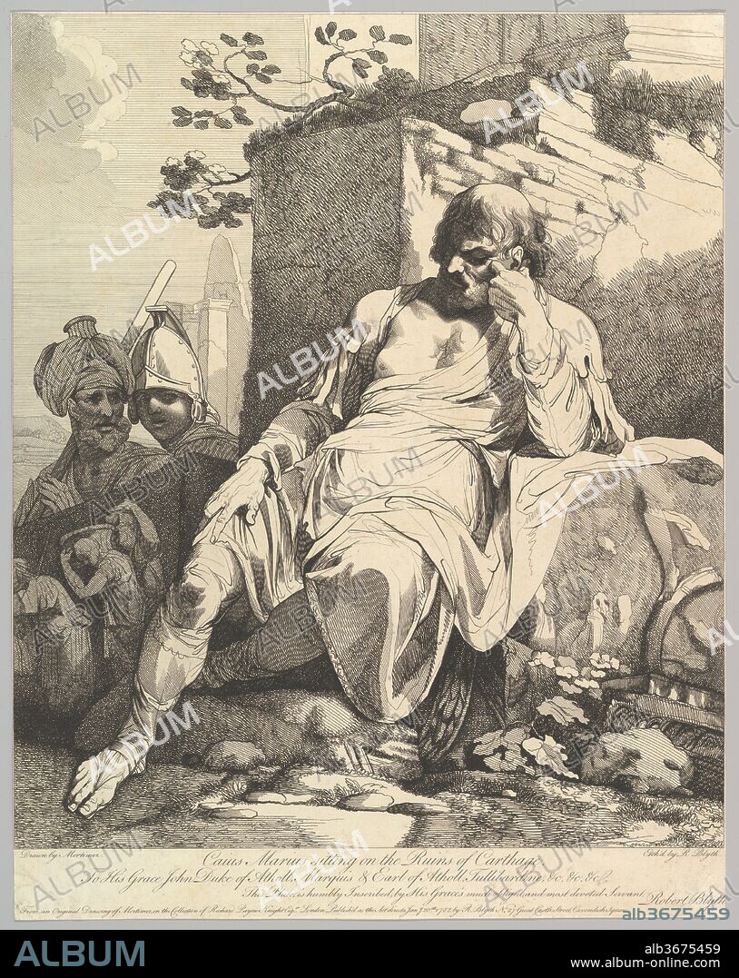 Caius Marius on the Ruins of Carthage. Artist: After John Hamilton Mortimer (British, Eastbourne 1740-1779 London). Artist and engraver: Etched and published by Robert Blyth (British, ca. 1750-1784). Dimensions: Sheet: 17 13/16 x 14 in. (45.2 x 35.6 cm). Date: January 20, 1782.