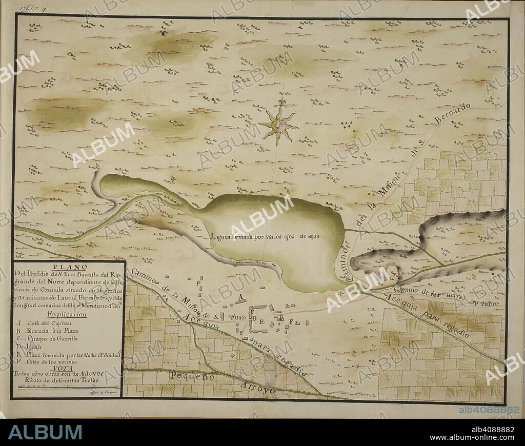 Plano del Presidio de S. Juan Bautista del Rio grande. Established in 1700 and located on a strategic location near a series of crossings on the west bank of the Rio Grande, Mission San Juan Bautista is often called the mother of the Texas missions. . TWENTY-ONE coloured maps and plans of towns and various settlements in the North of Mexico with their environs; all, except one, situated in the Provincias Internas. By Joseph de Urrutia. Paper, XVIIIth cent. Folio. Ca. 1768. Source: Add. 17662 q17.