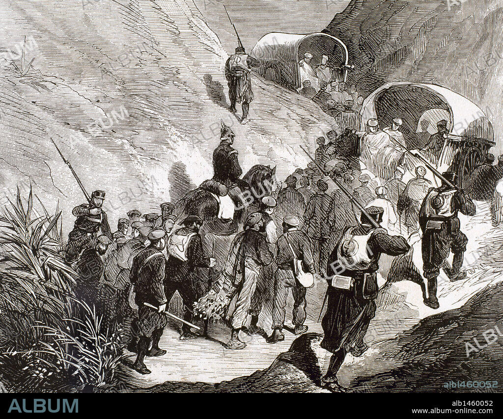 TERCERA GUERRA CARLISTA (1872-1876). Conducción de los prisioneros carlistas, detenidos en la Seo de Urgel, a través de las montañas del Ampurdán, tras la pérdida de la plaza que poseían, el 27 de agosto de 1875. Cataluña. La Ilustración Española y Americana, 1875.