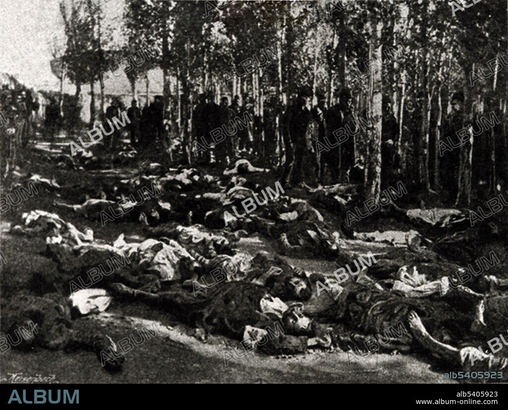 The Hamidian massacres were massacres of Armenians in the Ottoman Empire that took place in the mid-1890s. It was estimated casualties ranged from 80,000 to 300,000, resulting in 50,000 orphaned children.  The massacres are named after Sultan Abdul Hamid II, who, in his efforts to maintain the imperial domain of the collapsing Ottoman Empire, reasserted Pan-Islamism as a state ideology. Although the massacres were aimed mainly at the Armenians, they turned into indiscriminate anti-Christian pogroms. Photograph taken by William Lewis Sachtleben, depicting the victims of a massacre of Armenians in Erzerum on October 30, 1895, being gathered for burial at the town's Armenian cemetery. Erzurum is a city in eastern Anatolia (Asian Turkey).