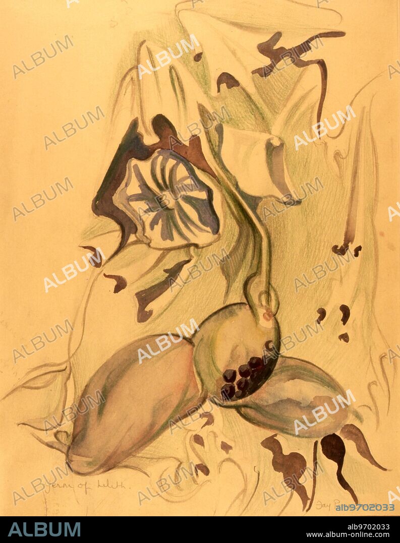 The demon Lilith, who oversees childbirth, and who was the mother of the demonic lilin. Painting and crayon drawing, 'Germ of Lilith', by the cabbalistic painter, Fay Pomerance.