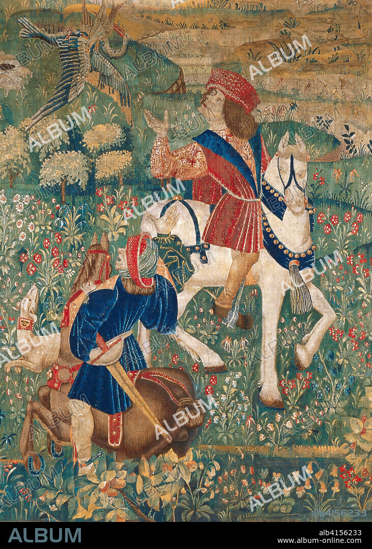 ANONIMO FRANCES. Anónimo francés (Francia-). Escena de cetrería (hacia 1500). Seda, algodón e hilos metálicos de cobre. 278 x 349 cm.