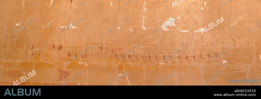 Wall relief (painted) showing Egyptian soldiers, from Hatshepsut's expedition to the Land of Punt. Temple of Hatshepsut, near Luxor, Egypt. The mortuary temple and tomb dates to the Eighteenth dynasty, and was designed by Senenmut, royal steward and architect of Hatshepsut. It was constructed during the 15th century BC, During the Eighteenth dynasty.