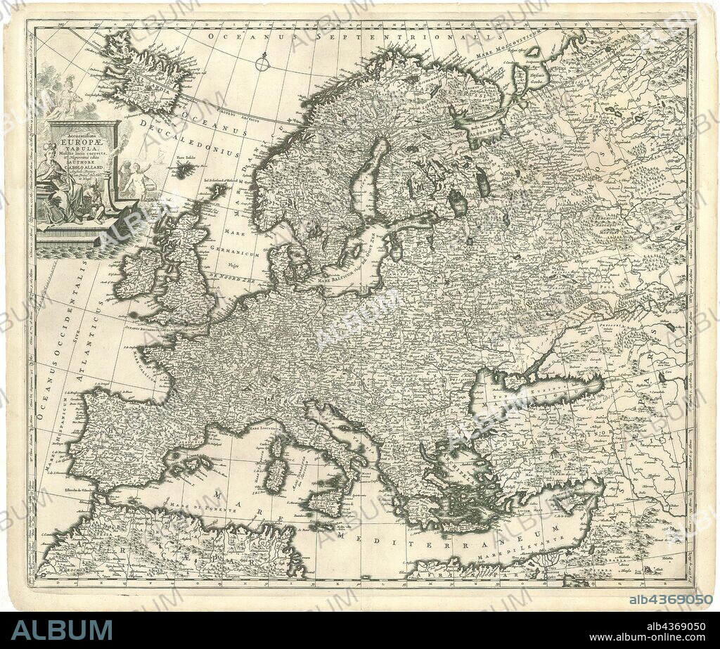 Map, Accuratissima Europae tabula multis locis correcta, et nuperrime edita authore Carolo Allard Ph. Tideman del. G. v. Gouwen sc, Carel Allard (1648-1709), Philip Tiedeman (1657-1705), Gilliam van der Gouwen, Copperplate print.