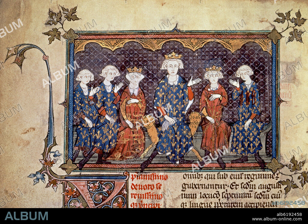 FELIPE IV DE FRANCIA Y SUS HIJOS: LUIS X FELIPE V CARLOS IV ISABEL DE FRANCIA JUNTO A EDUARDO II DE INGLATERRA PLANTAGENET - MANUSCRITO DEL SIGLO XIV.