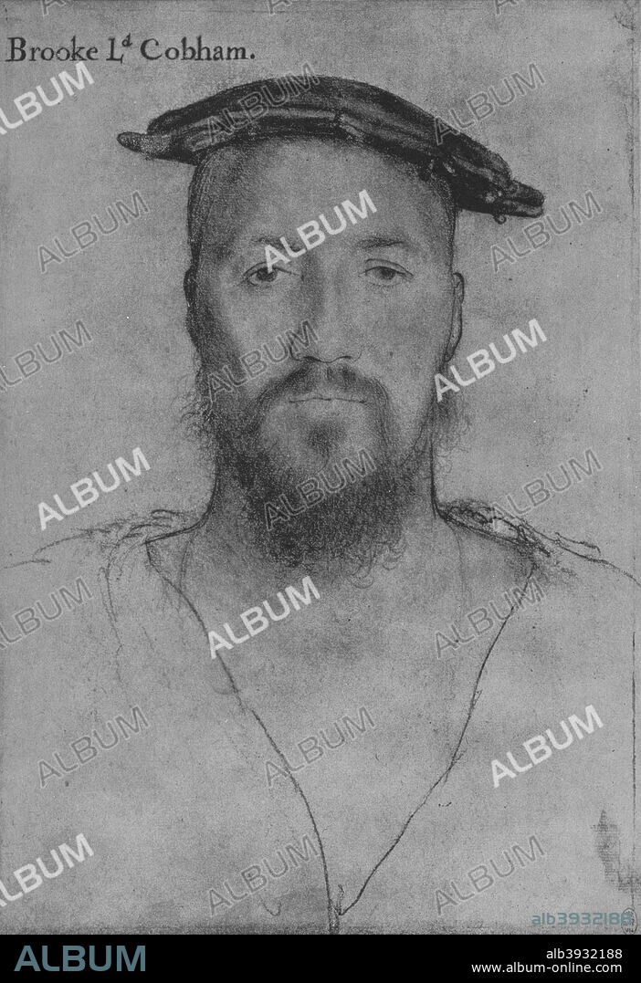 'George Brooke, 9th Baron Cobham, Lord of Cobham', c1532-1543 (1945). George Brooke, 9th Baron Cobham, 9th Baron Cobham (c. 1497-1558)[1] KG, was an aristocrat during the early Tudor dynasty in England. A soldier and magnate, he participated in the English wars of his days and in the political turmoil following the death of Henry VIII. The drawing is part of the Royal Collection Trust, Windsor Castle. From The Drawings of Holbein at Windsor Castle by K. T. Parker. [The Phaidon Press Ltd, Oxford & London, 1945].