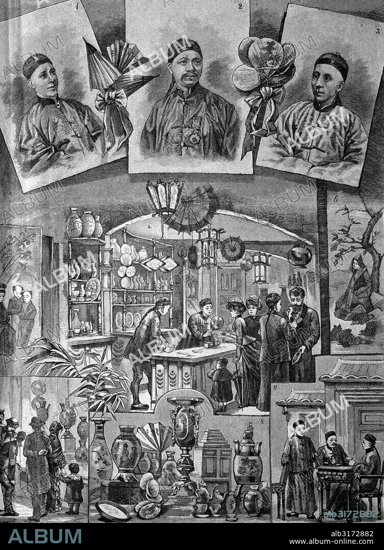 First chinese commercial building in berlin, germany, historical illlustration, about 1886.