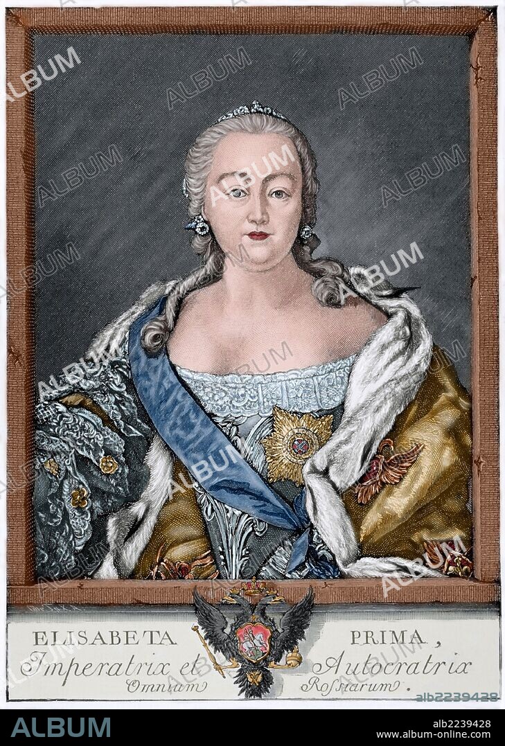 ISABEL I DE RUSIA (Kolómenskoe, 29 de diciembre de 1709-San Petersburgo, 5 de enero de 1762) fue emperatriz del Imperio ruso entre 1741 y 1762. También llamada La Clemente, fue la segunda hija de Pedro I y Catalina I. Copia del grabado de E. Chemesov 1761. Coloreado.