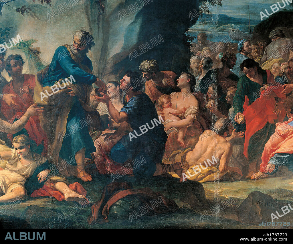 Multiplication of the Loaves and Fishes, by Antonio Molinari, about, 17th Century,. Italy, Veneto, Venice, San Pantalon church. All. Group men women children crowd distribution bread fish food miracle parable biblical episode nocturnal exterior nature plants.