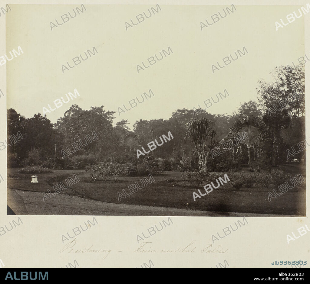 Buitenzorg - Garden of the Palace (title on object), View of the garden of the governor general's palace in Buitenzorg. Part of the green photo album with photos of Java, from the possession of pharmacist Specht-Grijp, who returned to the Netherlands from Batavia in 1865., Woodbury & Page, Buitenzorg, 1863 - 1869, photographic support, albumen print, height 190 mm × width 267 mm.