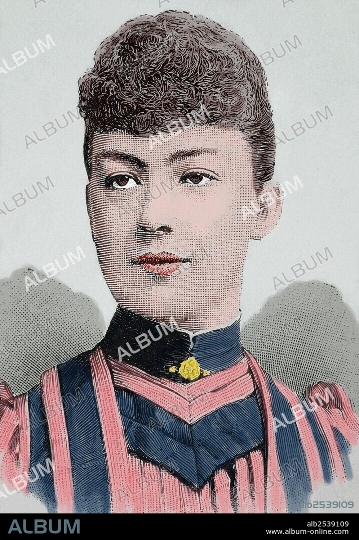 Marguerite d'Orléans (1869-1940). Esposa de Marie Armand Patrice de Mac Mahon (1855-1927), segundo Duque de Magenta y sexto Marqués d'Éguilly. Grabado coloreado de "La Ilustración Artística" Año 1896.
