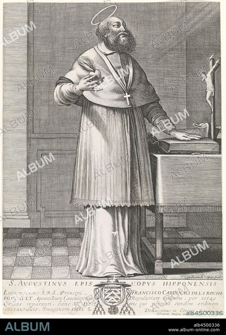 Saint Augustine of Hippo, The Church Father, Saint Augustine of Hippo. He is standing in front of a table with a bible and a crucifix and holds a burning heart in his hand. The print has a Latin signature, personal devotion or St. Augustine - male saint meditating, in ecstasy, Guilliam de Gheyn (mentioned on object), Paris, 1620 - 1650, paper, engraving, w 216 mm × h 304 mm.