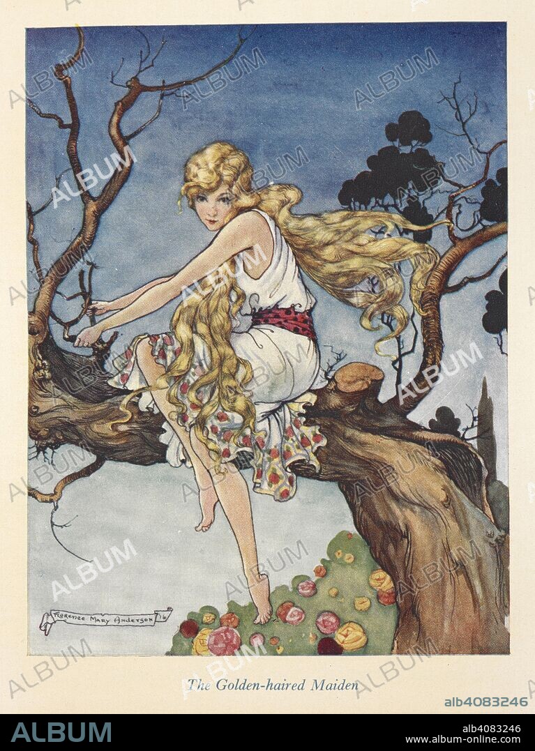 CHRISTIE T. YOUNG and FLORENCE ANDERSON. The golden-haired maiden. The Black Princess, and other fairy tales from Brazil-â€œContos para CriancÌ§as.â€ Translated from the Portuguese of â€œChrysantheÌ€meâ€ by Christie T. Young. Illustrated by Florence Mary Anderson. London : Simpkin, Marshall & Co., [1916]. Source: 12410.ppp.7 opposite page 12.