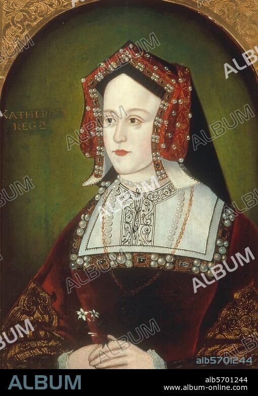 Katharina von Aragon, Königin (Heinrich VIII.) von England; Tochter Ferdinands von Aragon und der Isabella von Kastilien; Alcala de Henaress 15.12.1485 - Kimbolton (Huntingdon) 7.1.1536. - Porträt. Gemälde, englische Schule, 16. Jahrhundert. Öl auf Holz, 64 × 47 cm. Kunsthandel London, Sotheby's, 31. März 1999, Lot 62.