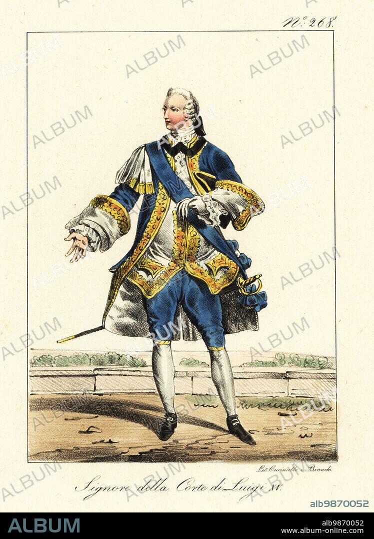 Costume of a nobleman at the court of King Louis XV of France. In powdered wig, coat, waistcoat and breeches richly decorated with lace and gold embroidery. With buckle shoes and sword. Seigneur de la Cour de Louis XV. Handcoloured lithograph by Lorenzo Bianchi and Domenico Cuciniello after Hippolyte Lecomte from Costumi civili e militari della monarchia francese dal 1200 al 1820, Naples, 1825. Italian edition of Lecomtes Civilian and military costumes of the French monarchy from 1200 to 1820.