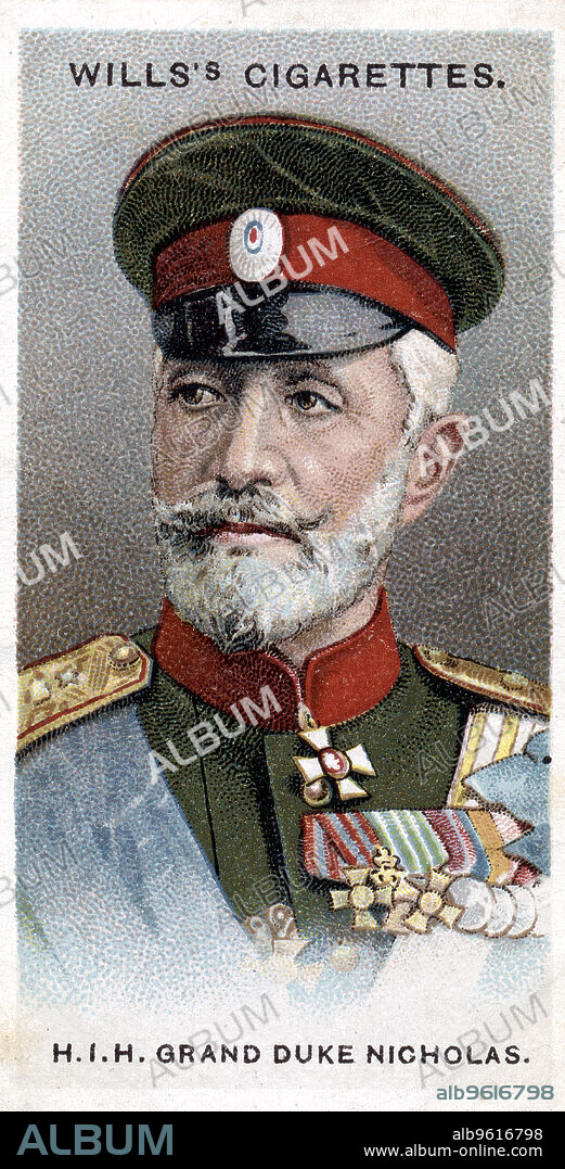 Grand Duke Nicholas of Russia, Russian general, 1917. Grand Duke Nicholas (1856-1929) was appointed Commander-in-chief of the Russian army at the outbreak of World War I. After the Tsar personally assumed command in 1915, the Grand Duke was placed in command of Russian forces fighting the Turks in the Caucusus. In 1919 he escaped from the Crimea aboard a British warship shortly ahead of the arrival of the Red Army, and spent the remainder of his life in exile in France.