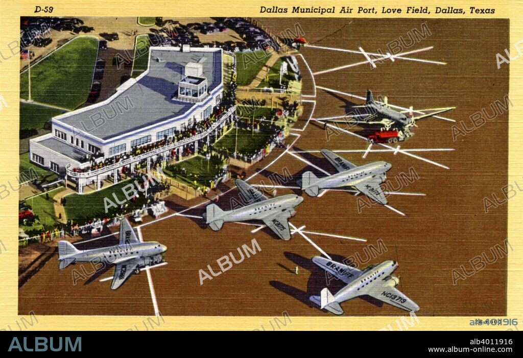 Dallas Municipal Airport, Love Field, Dallas, Texas, USA, 1942. Postcard. A view of the airport from above. Five planes are shown parked in front of the terminal. Many people are also visible.