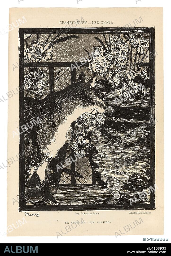 EDOUARD MANET. Les Chats. Original prints by Édouard Manet (French, 1832-1883), Marie Champfleury (French, 19th century) after Burbanck (British, 19th century), Louis Eugène Lambert (French, 1825-1900), Armand Désiré Gautier (French, 1825-1894), and Victor Eugène Géruzez (Crafty) (French, 1840-1906); illustrations by Charles Kreutzberger (French, 1829-1909), M. Mérimée (French, 19th century), Lorédan Larchey (French, 1831-1902), Prisse d'Avennes (French, 1807-1879), and Edmond Morin (French, 1824-1882); some works etched by M. Comte (French, 19th century) and Firmin Gillot (French, 1820-1872) after works by Eugène Delacroix (French, 1798-1863), Gottfried Mind (Swiss, 1768-1814), Utagawa Hiroshige (erroneously attributed to Hokusai) (Japanese, 1797-1858), Pierre-Paul Prud'hon (French, 1758-1823), Théodule Augustin Ribot (French, 1823-1891), Cornelis Visscher (Dutch, c. 1629-1658), Jean Morin (French, 1600-1650), Jean Ignace Isadore Grandville (J.J. Grandville) (French, 1803-1847), Ferdinand van Kessel (Dutch, 1648-1696) (erroneously attributed to Bruegel) and Viollet-Le-Duc (French, 1814-1879); written by Champfleury (Jules-François-Félix Husson-Fleury) (French, 1821-1889); published by J. Rothschild (French, 19th century); and Libraire de la Société Botanique de France (French, 19th century); typography by Gustave Silbermann (French, 1801-1876); printed by Cardart et Luce (French, 19th century). Date: 1870. Dimensions: 229 × 164 × 33 mm (book, closed); 229 × 347 × 35 mm (book, open). Book with five etchings, two with aquatint and three with plate tone, one color lithograph, and line block prints, two with hand-coloring, with letterpress in black on ivory wove paper, with cardboard and paper cover and leather spine with gilt lettering. Origin: France.