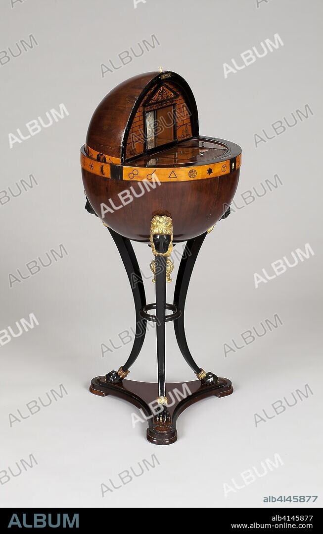 Globe-Shaped Work Table. Vienna, Austria. Date: 1815-1825. Dimensions: H. 100.3 cm (39 1/2 in.). Fruitwood and fruitwood veneers interior with ebonizing and gilding. Origin: Vienna.