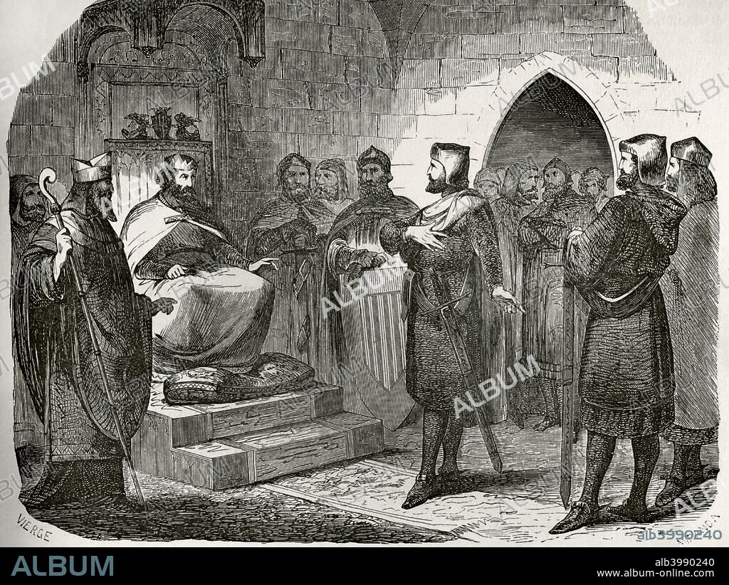 Ramon Folch VI of Cardona (1259-1320). Viscount of Cardona (1276-1320) and governor of Girona. Ramon Folch in the Council of Girona, presided by the King of Aragon Peter III (1240-1285). Drawing by Daniel Vierge (1851-1904). Engraving. Later colouration. Cronica General de Espa–a, Historia Ilustrada y Descriptiva de sus Provincias. Catalonia. 1866.