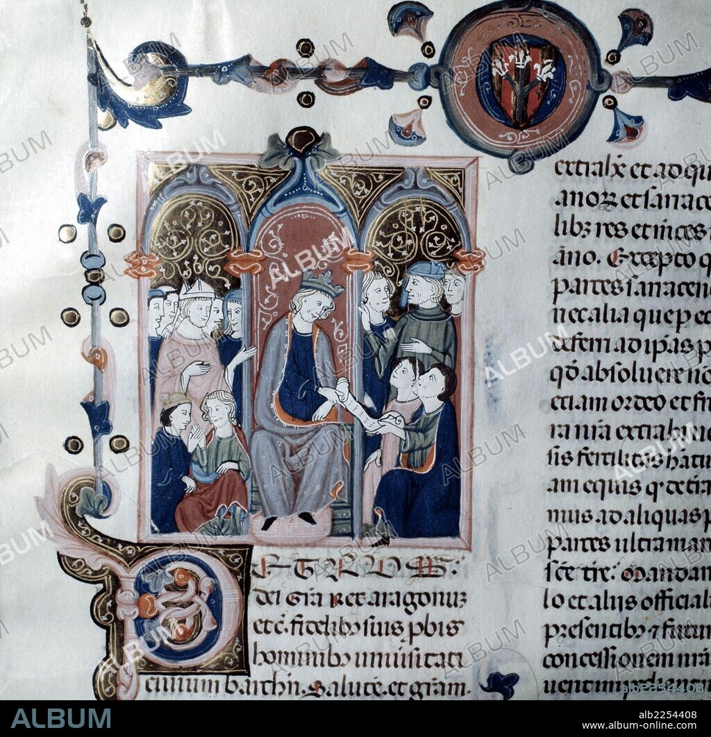 ALFONSO III EL LIBERAL. REY DE CATALUÑA Y ARAGON. VALENCIA 1265 - 1291. MINIATURA CODICE " LAS CONSTITUCIONES DE CATALUÑA ". AYUNTAMIENTO DE LERIDA.