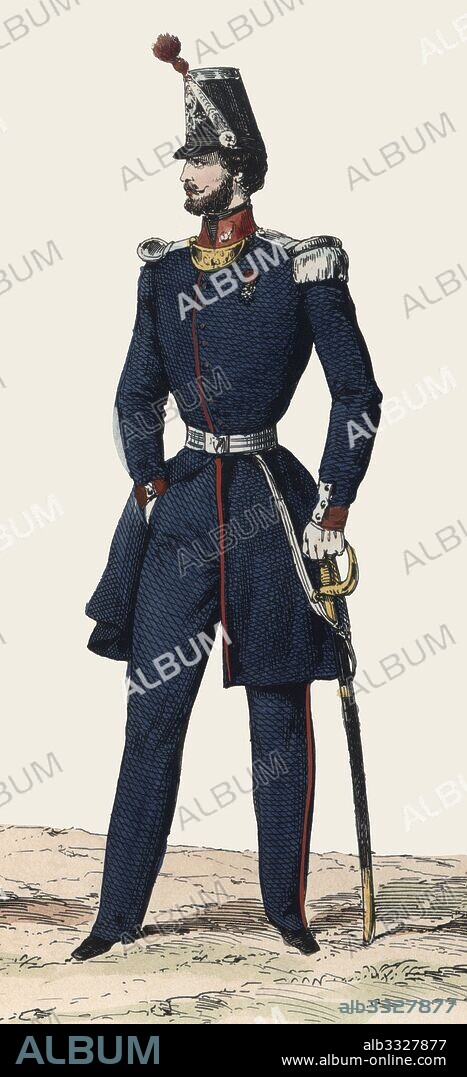 Francia. Uniforme militar. Oficial de la Guardia Nacional en 1848. Grabado de 1850.