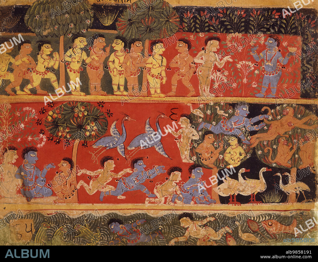 Krishna and Balarama Play with Gopas, Folio from a Bhagavata Purana (Ancient Stories of the Lord) (recto), Text (verso), between 1525 and 1550.