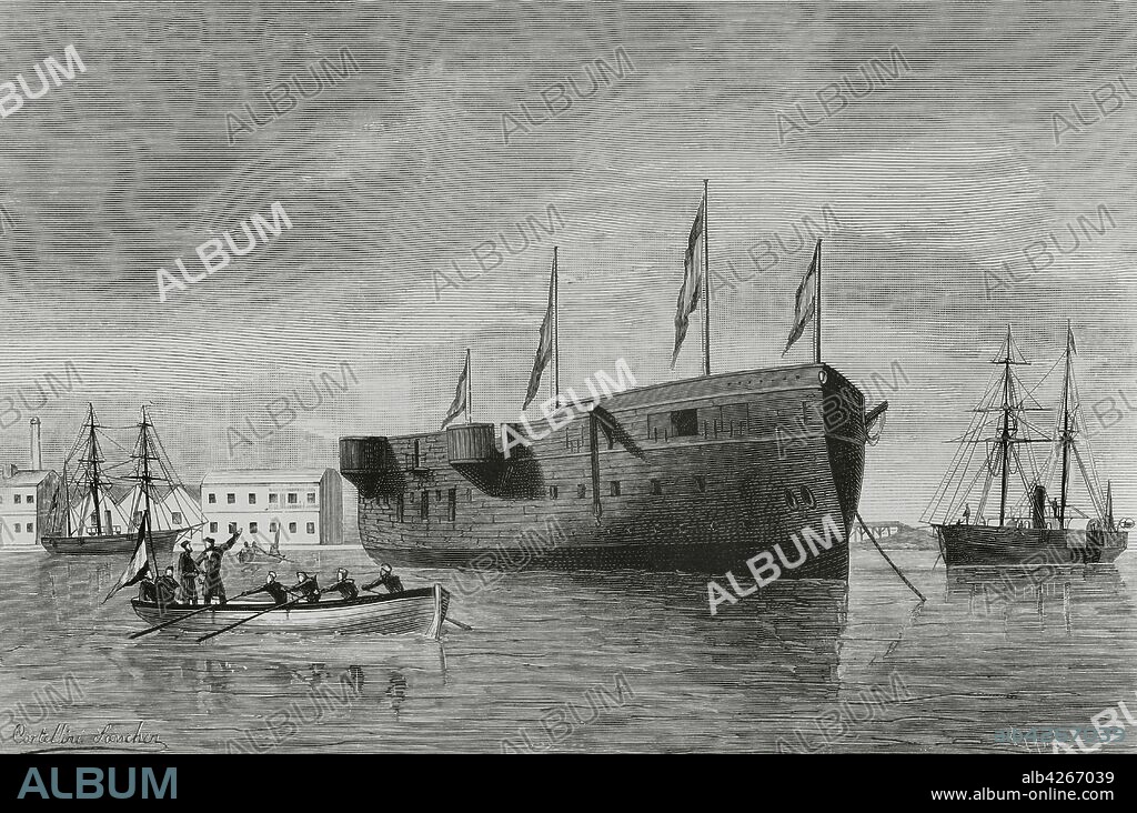 España, Andalucia, San Fernando (provincia de Cádiz). Arsenal de la Carraca. Crucero de la clase Aragón"Castilla", botado al agua el 9 de septiembre de 1881 aunque fué entregado a la Armada Española en 1886. Dibujo del natural por A. Cortellini Sánchez. Grabado por Tomás Carlos Capuz (1834-1899). La Ilustración Española y Americana,22 de septiembre de 1881.