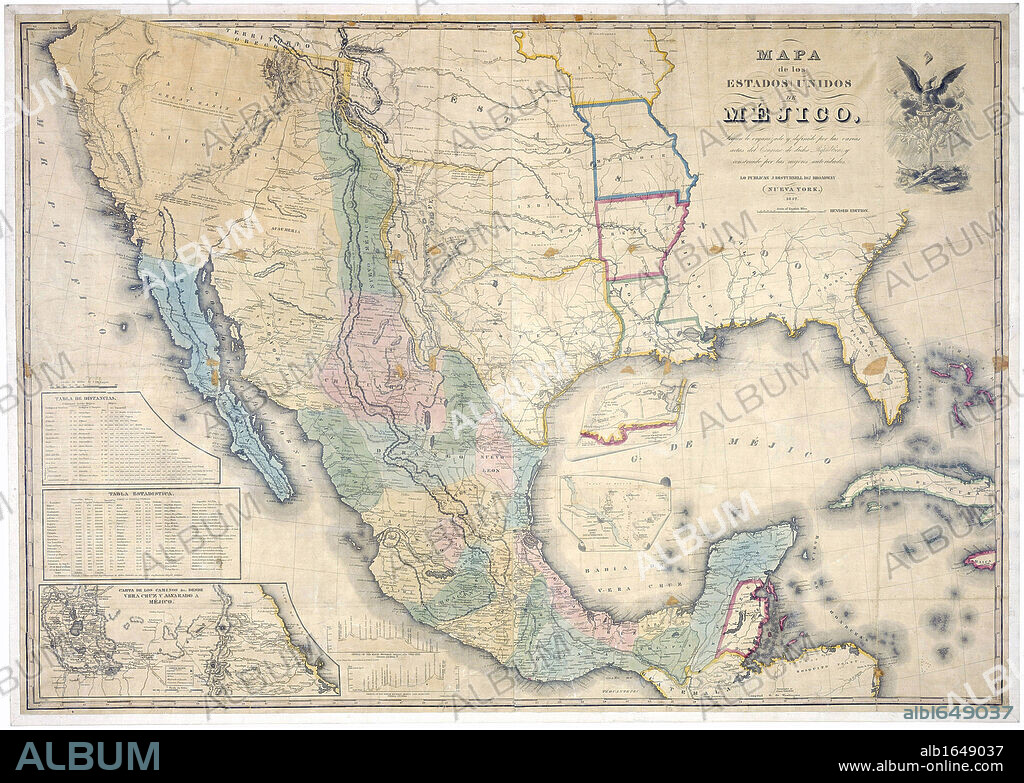 Map of the United States of Mexico, 1847 published by J Disturnall. This was appended to the Treaty of Guadalupe-Hidalgo which ended the Mexican American War (1846-1848), and shows Upper California and New Mexico as Mexican although they had been ceded in the Treaty. It also gives the boundaries and Mexican spellings.