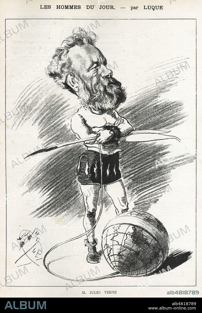 M. Jules VERNE (1828-1905). Caricature par Manuel LUQUE (1854-1924) pour La Caricature du 27 decembre 1890. Credit : Collection Kharbine-Tapabor.