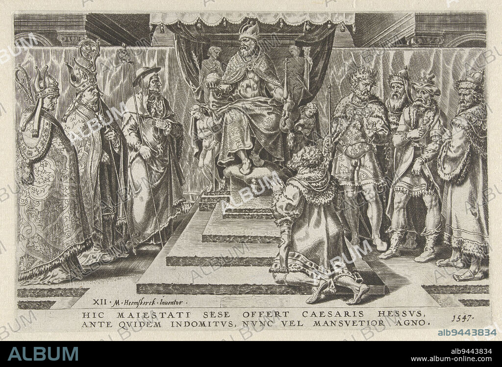 Philip I, Landgrave of Hesse, kneels before the throne of Charles V in total surrender. On Charles V's left, the bishops of Arras, Naumburg and Hildesheim. On the right the Duke of Alva, the Duke of Saxony and the Duke of Brandenburg. The print has a Latin caption and is part of a twelve-part series on the victories of Charles V., Surrender of the Landgrave of Hesse, 1547 Victories of Charles V (series title) Divi Caroli. V. imp. opt. max. victoriae, ex multis praecipuae (series title), print maker: Dirck Volckertsz. Coornhert, Maarten van Heemskerck, publisher: weduwe Hieronymus Cock, (possibly), print maker: Haarlem, Haarlem, publisher: Antwerp, 1555 - 1556 and/or 1570 - 1640, paper, etching, engraving, letterpress printing, w 233 mm × h 156 mm.