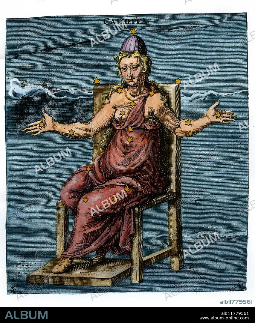 Cassiopeia, who was [in Greek legend] the mother of Andromeda and the wife of Cepheus. Seventeenth century hand-coloured engraving, based on the ninth century Aratus illustrations in Leiden. Aratus was born circa 315 BC at Soli, and wrote his book on the constellations for the ruler of Macedonia.