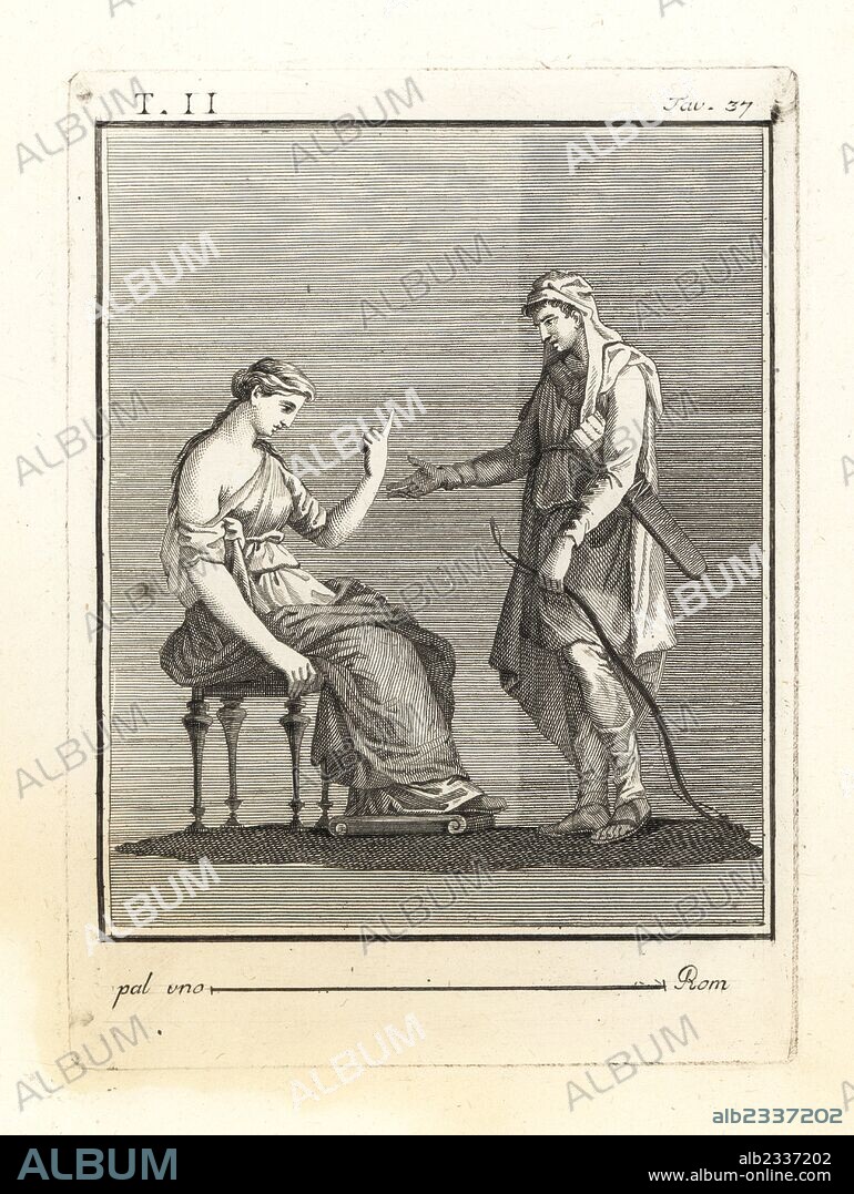 Odysseus presenting his wife Penelope with his bow and quiver of arrows. Copperplate engraving by Tommaso Piroli from his Antiquities of Herculaneum (Antichita di Ercolano), Rome, 1789.