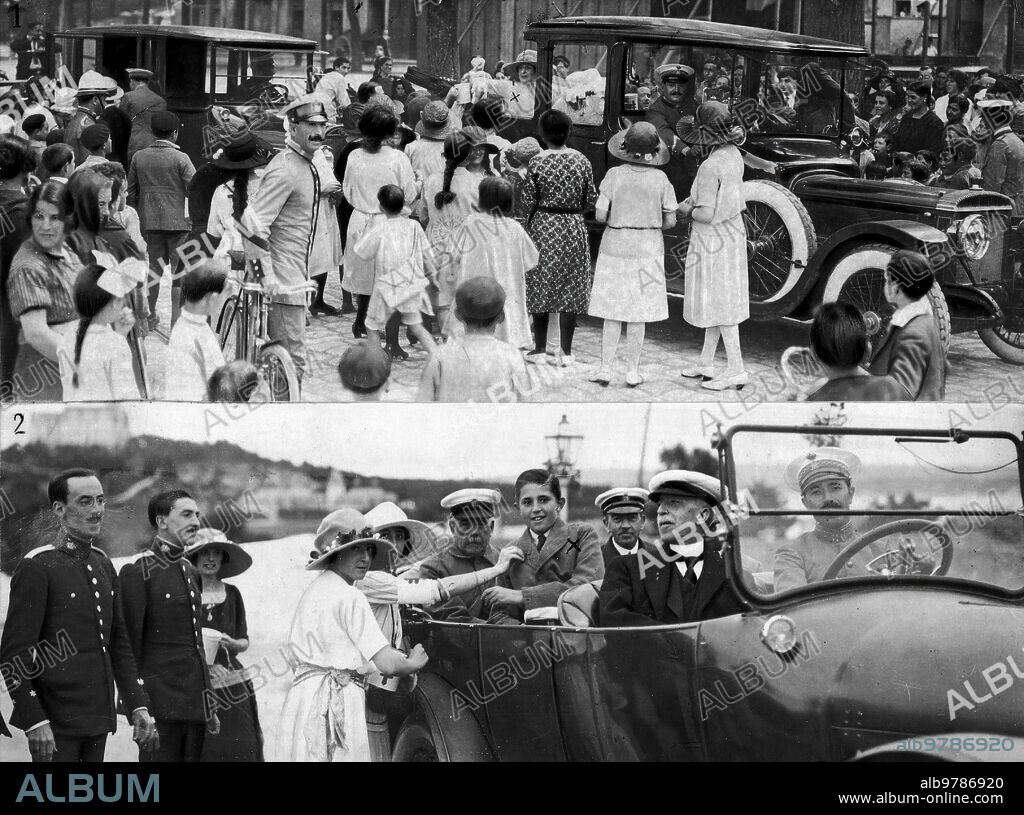 August 1921. Santander the party D The flag 1. Her Majesty the Queen (X) Touring the Collection Posts. 2. HRH the Infante Don Jaime (X) at the party held for the benefit of the Soldiers of Africa.