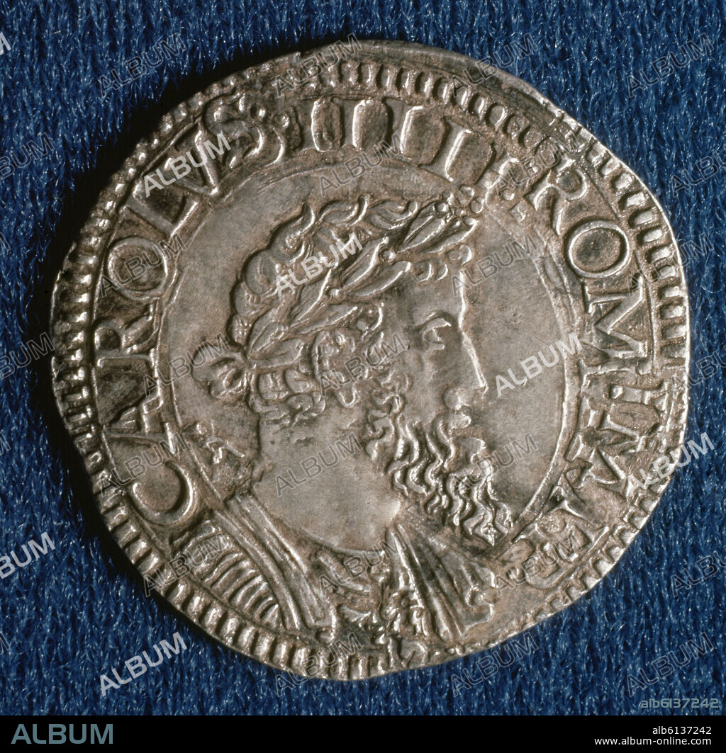 MONEDA DE 2 CARLINOS - ANVERSO DE UNA MONEDA DE CARLOS V ATAVIADO COMO UN CESAR ROMANO ACUÑADA EN NAPOLES - SIGLO XVI.