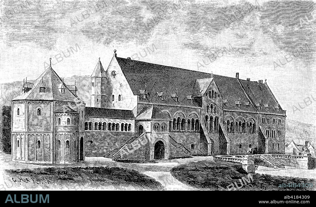 The Kaiserhaus of the Imperial Palace from Goslar, the oldest preserved imperial palace, from the 11th century, Germany, digital improved reproduction of a woodcut publication in the year 1885.