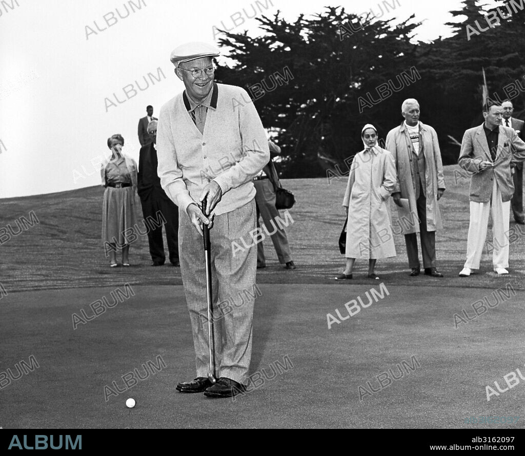 Pebble Beach, California: 1956. President Dwight Eisenhower putting at Pebble Beach, California.