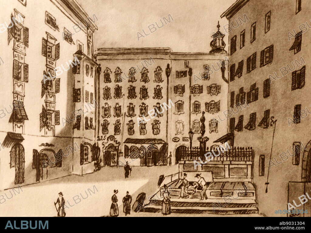 Drawing of Lochelplatz,in Salzburg, Austria where Mozart was born. Lithograph dated early 19th century. Wolfgang Amadeus Mozart (1756 - 1791), was a prolific and influential composer of the Classical era.