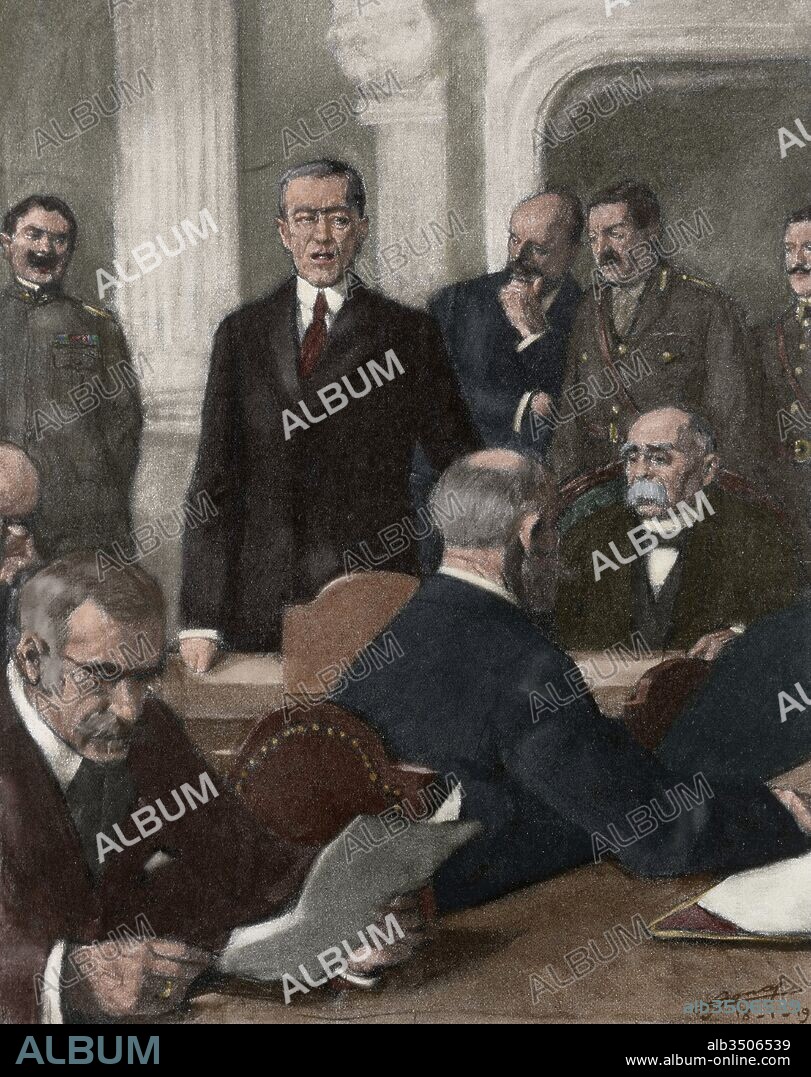 Thomas Woodrow Wilson (Staunton, 1856-Washington, 1924). Político estadounidense. Presidente de los Estados Unidos en 1912 y 1916. Wilson en la sesión de apertura de la Conferencia de la Paz en París en 1919, presentando a Clemenceau como jefe permanente de ésta. La Ilustración Francesa. Imagen coloreada.