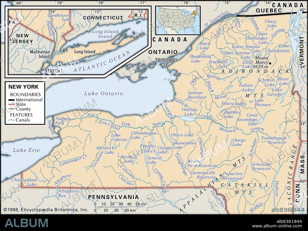 Physical map of New York.