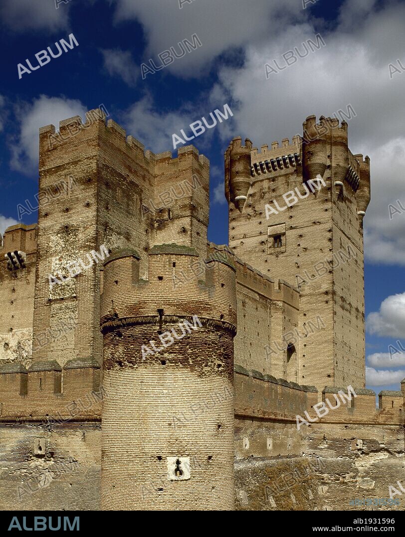 Spain. Castile-Leon. Medina del Campo. Castle of the La Mota. Reconstructed medieval fortress. Gothic military architecture with Moorish elements. Outside view.