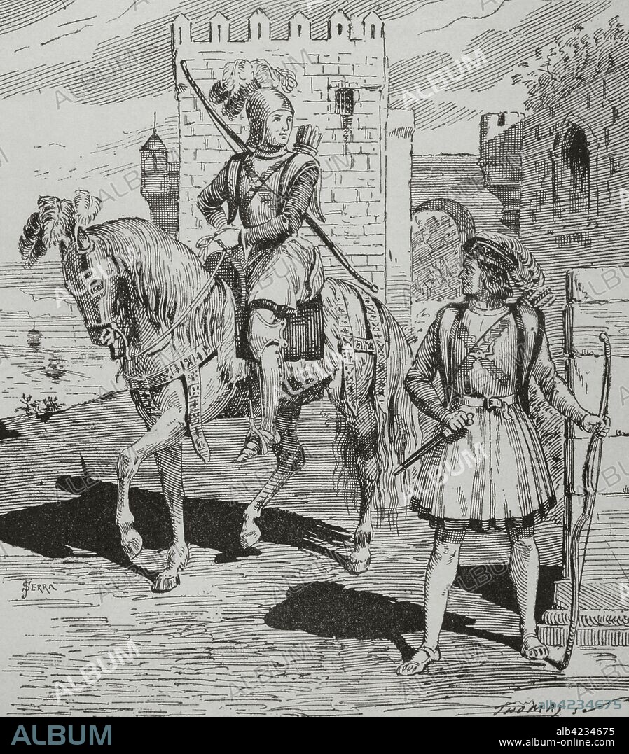 Arqueros de Borgoña o Guardia de la Cuchilla. Guardia imperial introducida en España por Felipe el Hermoso. Grabado. "Museo Militar del Ejército Español", Tomo I. Evaristo Ullastres Editor. Barcelona, 1883. Biblioteca Histórico Militar de Barcelona, Cataluña, España.
