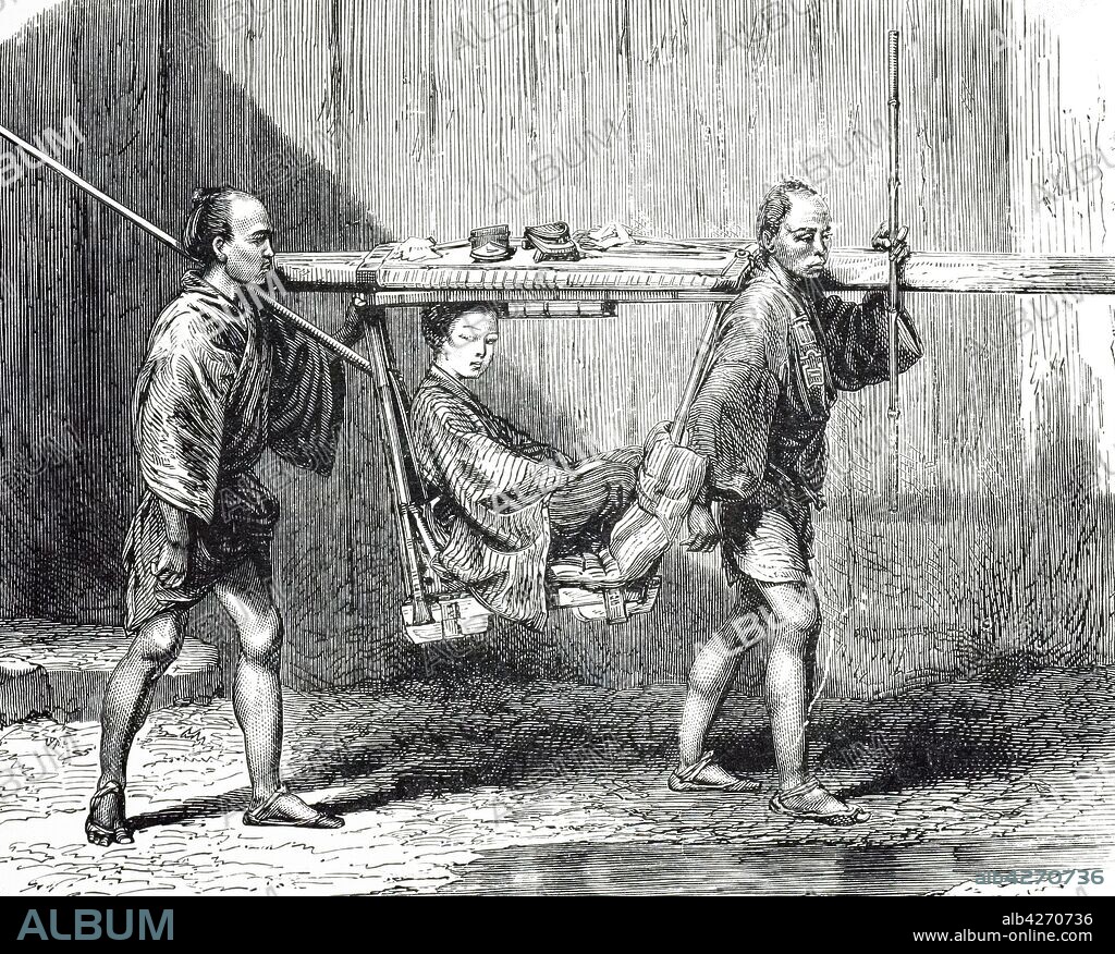 An engraving depicting a palanquin, a covered litter for one passenger, transporting a Japanese woman. Dated 19th century.