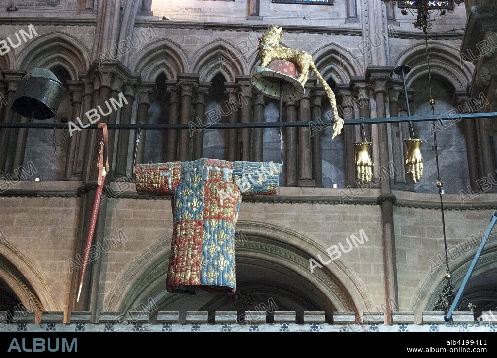 Tunic and gloves of Edward the Black Prince (14th century) over his tomb, Canterbury Cathedral, Canterbury, Kent, England.